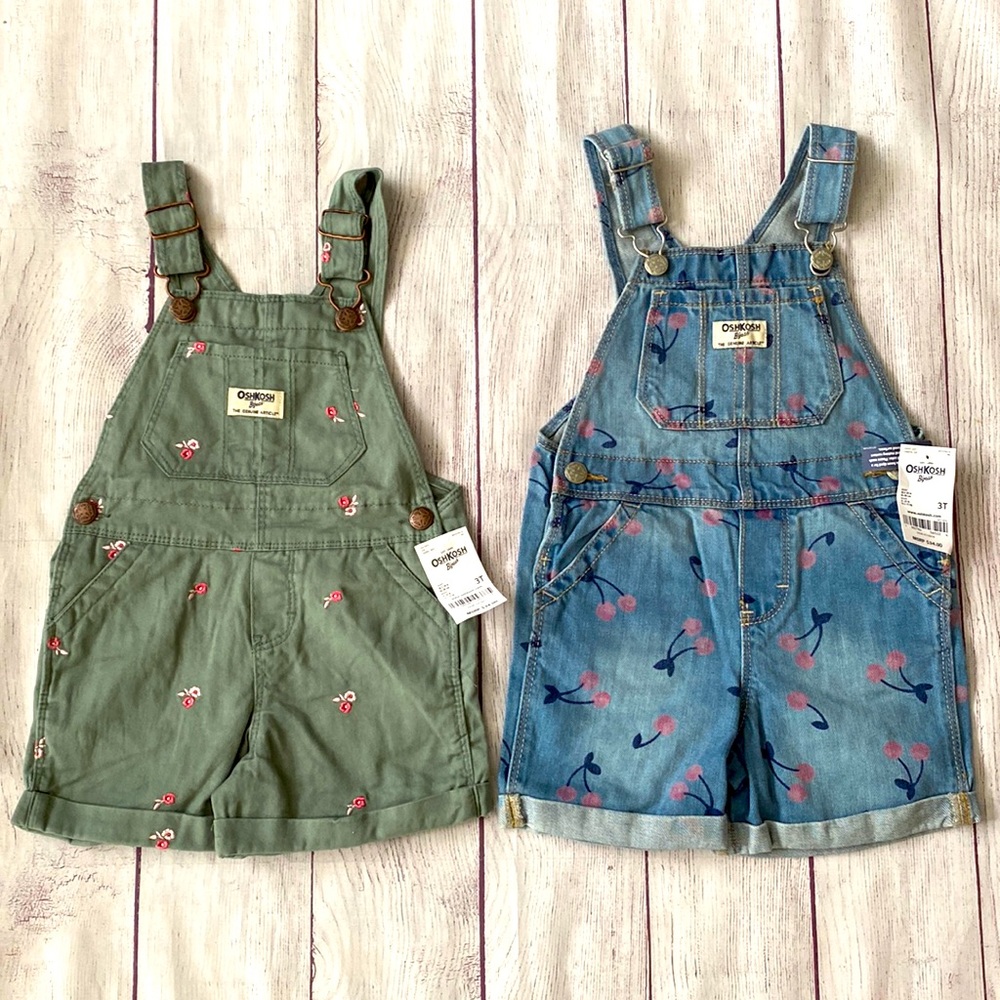 🍒🌸 NWT 3T OshKosh Girls Overalls, 2 Pairs, Cherry & Flower 🌸🍒